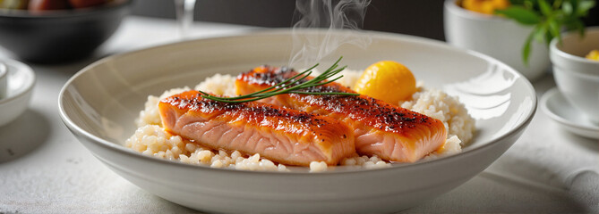 Elegant presentation of Lohikeitto with salmon and potatoes, culinary art