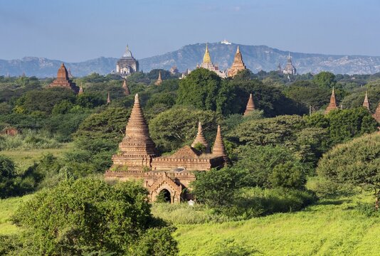 View of temples of Bagan from Bulethi Pagoda, Myanmar, Asia