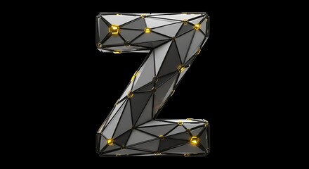 Futuristic black and gold letter Z with a geometric polygonal design on a dark background, symbolizing luxury, technology, modern branding, digital typography, and elegant aesthetics  
