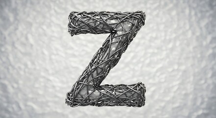 Artistic wireframe letter Z made of tangled metal wires on a white background, representing abstract typography, industrial design, creative lettering, and modern 3D digital art  
