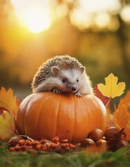 Closeup cute hedgehog lying on a pumpkin among colorful autumn leaves, nuts and berries. Fall season conceptual background. AI Generated, AI generated