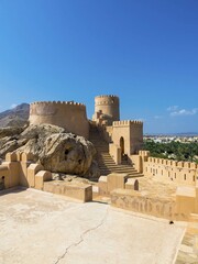 Fort Nakhl, or Husn Al Heem, fortress, above oasis Nakhl on Jebel Nakhl solid, historical loam...