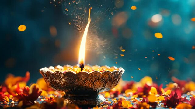 Vibrant diya with flower petals in a celebratory setting during a festive evening