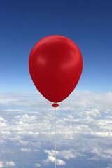 Red balloon on a string, against blue sky with clouds, composing