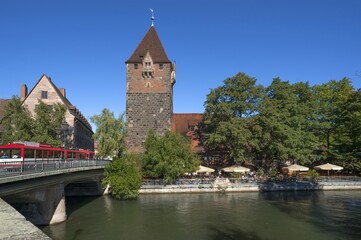 Schuldturm tower on the Pegnitz river, Insel Sch&uuml;tt, Nuremberg, Middle Franconia, Bavaria, Germany, Europe