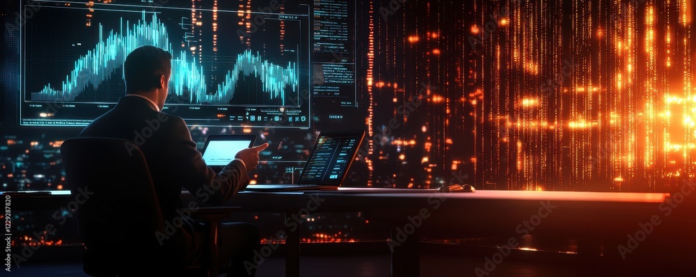 Poster a person analyzes data on multiple screens, showcasing vibrant visualizations and a futuristic digit