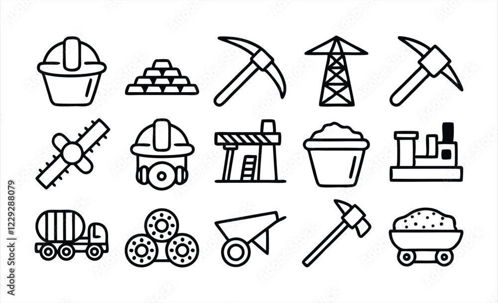 Wall mural set of outline icons related mining coal industr