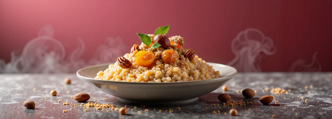 Gourmet millet porridge topped with nuts and fruits, elegant dining