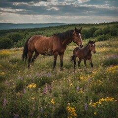Fototapeta premium A horse and her foal trotting through a field of wildflowers.