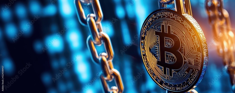 Poster a close-up of a bitcoin coin suspended by a chain, set against a vibrant digital background represen