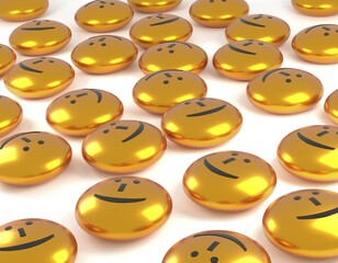 Fototapeta premium Many glossy golden buttons with a smiling face, happiness concept 3d rendering