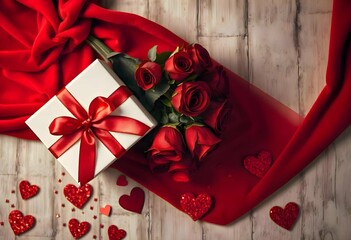 A top-down view of a luxurious Valentine's Day setup featuring a lush bouquet of deep red roses arranged elegantly, a pristine white gift box tied with a satin red ribbon, and scattered red glitter he