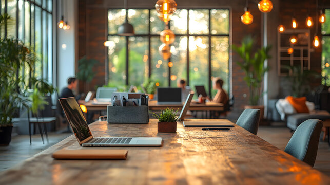 Professionals in a coworking space with natural light, laptops on desks, and a vibrant modern ambiance, sharp 8K resolution, copy space