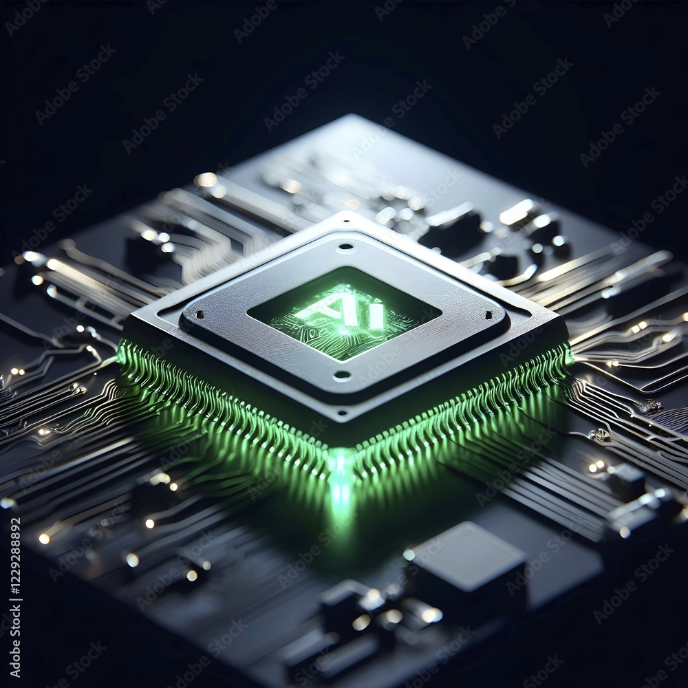 Poster illustration of a ai microchip processor with circuit board and other electronic components. ai gene