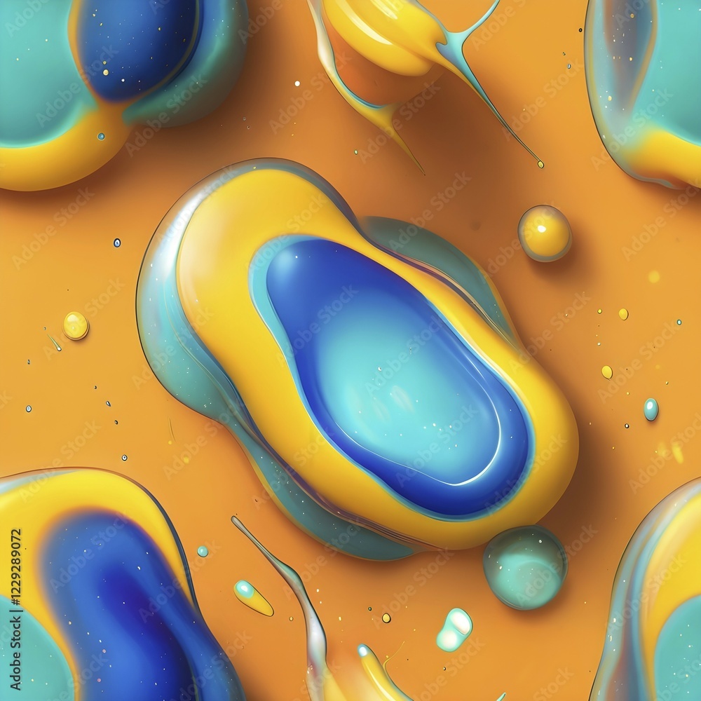 Poster abstract wallpaper with colorful turquoise and yellow blobs and liquid shapes on a orange background