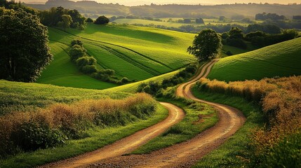 Fototapeta premium Winding Country Road: A picturesque rural scene featuring a winding dirt road snaking through rolling green hills, bathed in the soft glow of the setting sun.