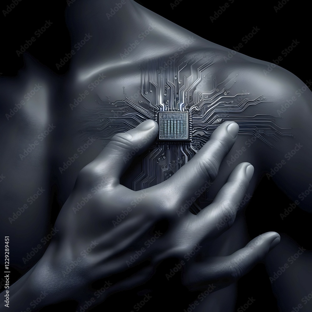 Poster illustration of a human body connected to a ai microchip processor circuit board and other modern co