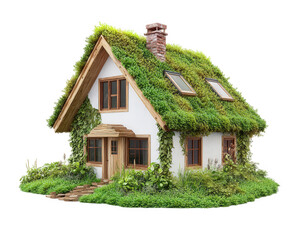 Eco friendly house with green roof, surrounded by lush vegetation, showcasing sustainable architecture and natural beauty. perfect blend of nature and design