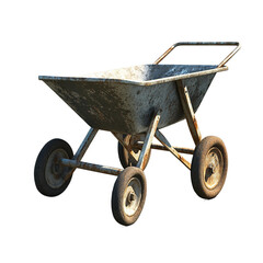 Rusty wheelbarrow with a dirty wheel sits on transparent background
