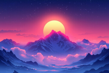Fototapeta premium Night landscape with mountain. Dark poster with hills, moon and clouds, cartoon background with evening nature scenery. Minimal modern illustration