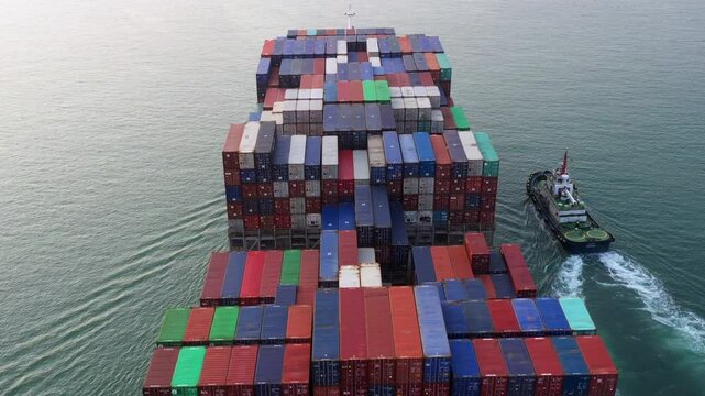 Aerial view container cargo ship freight shipping, Global business import export logistic freight shipping transportation international container cargo ship, Container cargo fright shipping logistic.