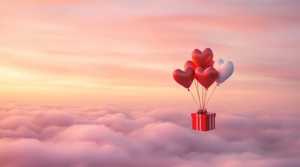 Obraz premium A Box flying on a parachute with pink cloud in valentine day,package flying down from sky and cloud with parachute, concept for delivery service,shopping online,air delivery service.