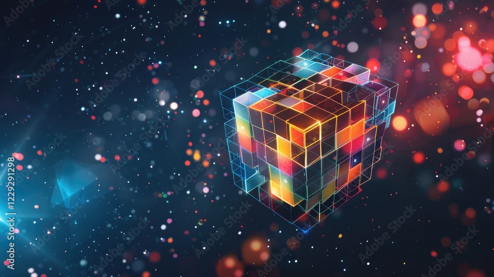 Aufkleber abstract chaotic and energetic of mixed digital style cube object, burst of colorful light pattern i