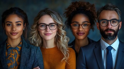 Fototapeta premium Team of professionals in diverse business attire, posing confidently against a bright background, 8K high resolution with copy space
