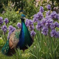 Obraz premium A peacock and her chicks perched in a garden of blossoming irises.