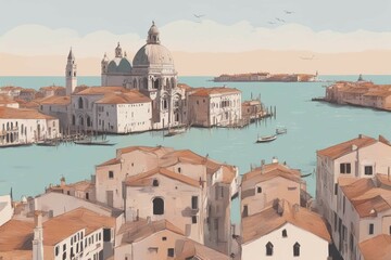 Fototapeta premium A vibrant painting capturing a bustling italian Venice cityscape, showcasing numerous buildings in an urban landscape structured in water canals, ai generated, AI generated