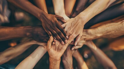 Hands of diverse people stacked together. Multicultural people making stack of hands or putting hand together. Unity and teamwork concept. Photography for art design. Teamwork, collaboration. AIG53.