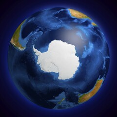 View of the Earth globe from space showing the Antarctic region. Isolated on dark blue background © Oleksiy Maksymenko/imageBROKER