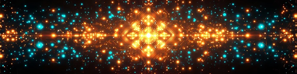 Obraz premium Symmetrical Glowing Pathways on a Electronic Technology Background With Orange and Teal Accents