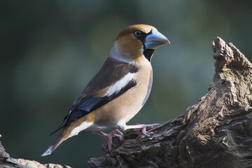 Hawfinch (Coccothraustes coccothraustes), sits on deadwood, Emsland, Lower Saxony, Germany, Europe