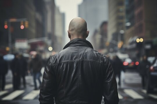 Back view of neonazi skinhead with leather jacket in city street. KI generiert, generiert, AI generated