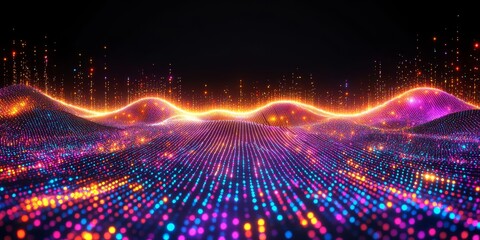 Abstract Wave Pattern, Vibrant Colors, Polygonal Network, Connected Mesh, Modern Tech Aesthetic