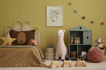 Yellow kids room interior with mock up poster frame, braided bed, green shelf, plush lampa, monkey, guitar, brown bedding, rug, basket, colorful toys and personal accessories. Home decor. Template.