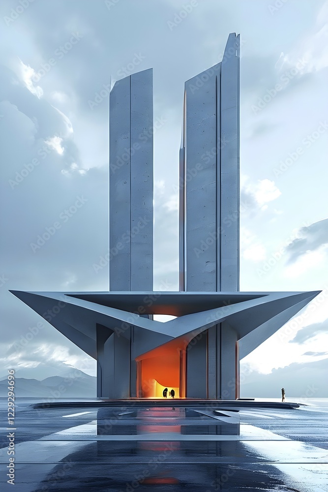 Poster minimalistic grey colored architecture in geometric adorned structures against a surreal backdrop, a