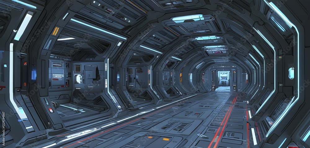 Poster three dimensional render of futuristic corridor inside a spaceship or space station, ai generated