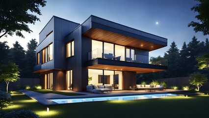 Fototapeta premium Three dimensional rendering of an illuminated modern ecological real estate residential house, AI generated
