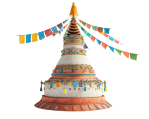 Tibetan stupa adorned with colorful prayer flags, symbolizing peace and spirituality. This serene structure stands tall, inviting reflection and tranquility