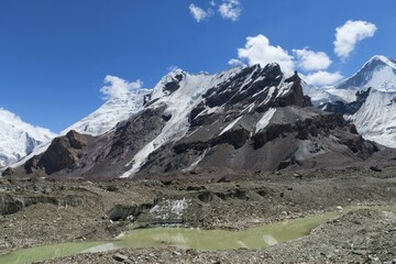 Engilchek Glacier and Khan Tengri Mountain, Central Tian Shan Mountain range, Border of Kyrgyzstan...