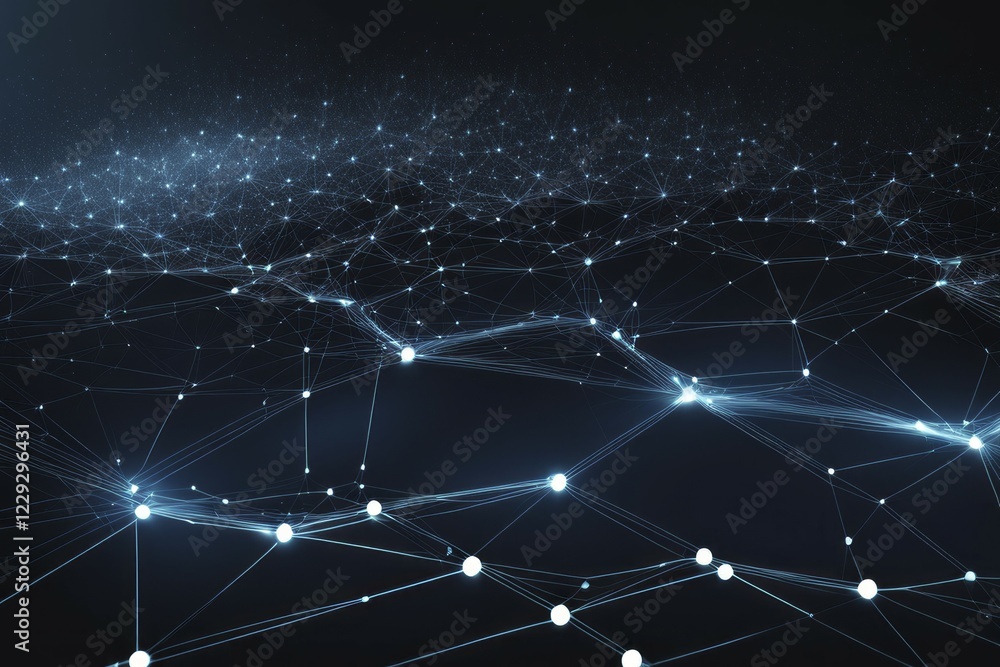 Poster a network of blue points and glowing lines forms a digital grid on a dark background, fire particles