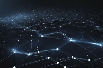 Obraz premium A network of blue points and glowing lines forms a digital grid on a dark background, Fire Particles, AI generated