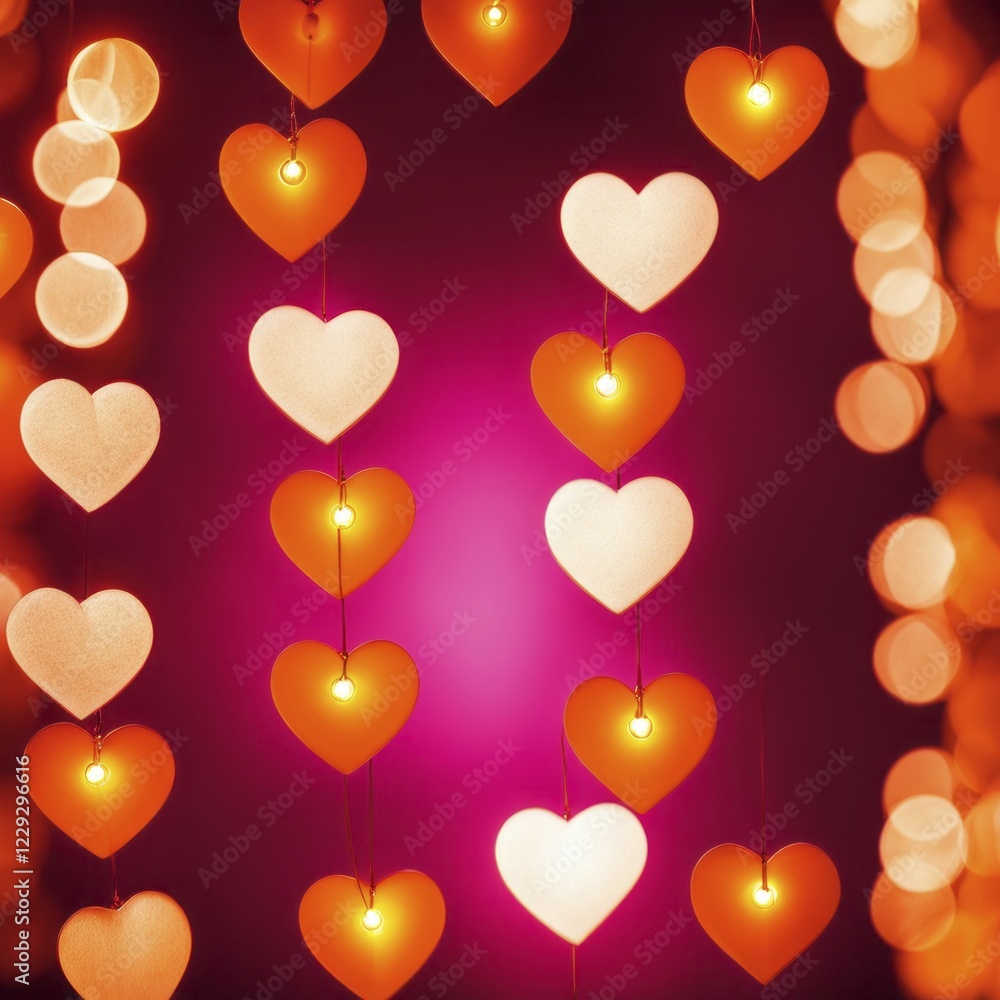 Aufkleber strings of glowing heart shapes against a red and orange bokeh background, creating a warm and roman