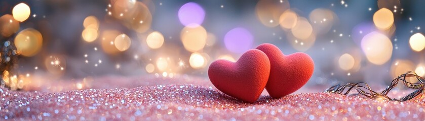 Fototapeta premium Close-Up of Two Soft Red Hearts on Glittering Pink Background with Blurred Lights and Sparkles