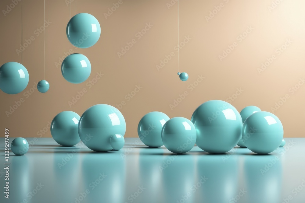 Aufkleber turquoise spheres of various sizes hanging and scattered in a geometric pattern on a gradient backgr