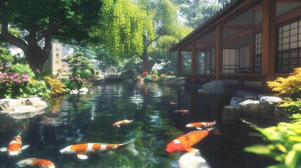 Koi Pond Serenity: Vibrant Koi carp swim gracefully in a serene Japanese garden pond, surrounded by lush greenery and a traditional wooden structure, creating a tranquil and picturesque scene.