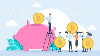 Large piggy bank in the form of a pig. Businessman throwing bitcoin coin into piggy bank. Financial services, small bankers are engaged in work, saving or accumulating money. Vector illustration © Yurii