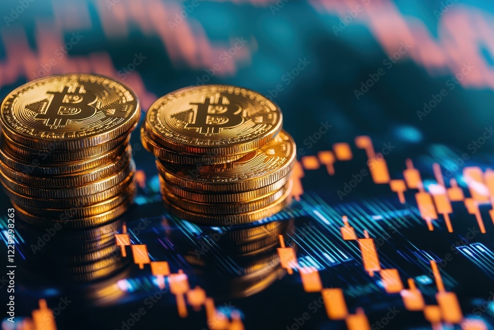 Poster the image features stacked bitcoin coins in front of a colorful financial chart, symbolizing cryptoc